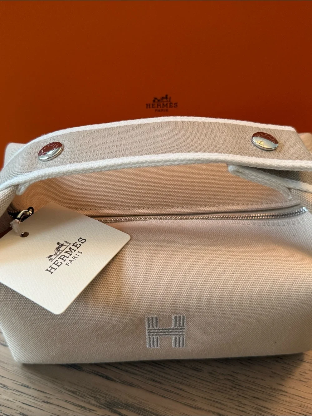 Hermes Beige Canvas Cosmetic Pouch with Leather Tab